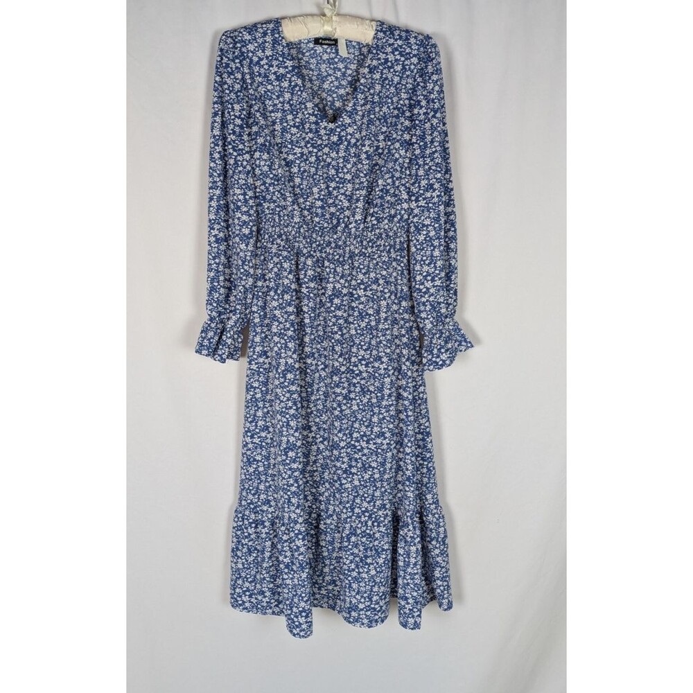 Fashion Dress S Women's Blue Floral Vneck Long Sleeve Smocked Waist Midi Dress